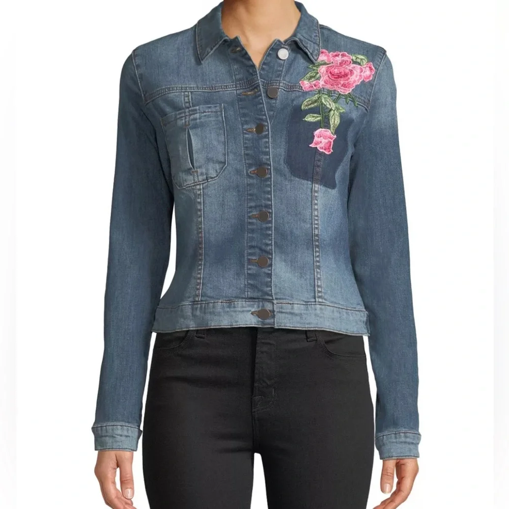 Kut from the Kloth Juko Denim Jacket Flower Embroidery sz L - Picture 1 of 16